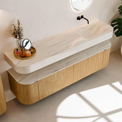 MONDIAZ THOR-DLUX 180cm badmeubel ronding links + rechts kleur Oak met 2 lades en 2 deuren. Vrijhangende wastafel CLOUD Rechts zonder kraangat kleur Meli.