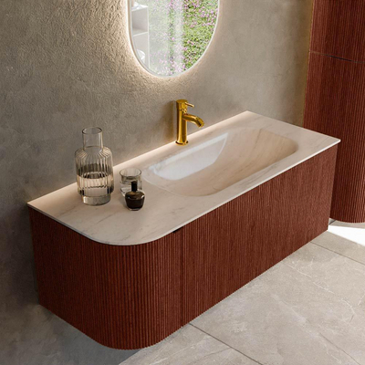 MONDIAZ KURVE-DLUX Meuble de salle de bains 115cm courbure à gauche couleur Ruby avec 1 tiroir et 1 porte. Plan-vasque BIG SMALL à droite 1 trou de robinet Meli.
