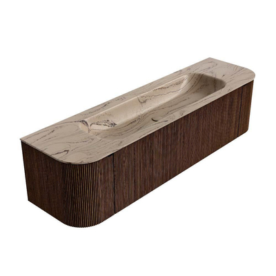 MONDIAZ KURVE-DLUX 170cm meuble de salle de bains courbure Gauche + Droite couleur Walnut avec 1 tiroir et 2 portes. Lavabo BIG LARGE Central 2 trous de robinet Arena.