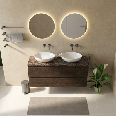 Saniclass Holz Pure Ensemble meuble de salle de bains - 140x45x63cm - Plan en pierre naturelle Noche dark emperador - sans trou de robinet - 4 tiroirs - chêne charcoal mat (bois)