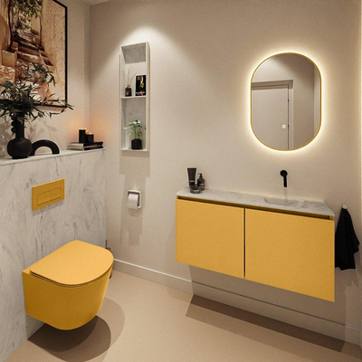 MONDIAZ TURE-DLUX Meuble toilette - 100cm - Ocher - EDEN - vasque Opalo - position droite - sans trou de robinet
