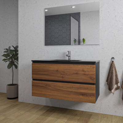 Adema Industrial 2.0 ensemble de meubles de salle de bain 100x45x55cm 1 vasque en céramique noire 1 trou de robinetterie miroir rectangulaire bois/noir