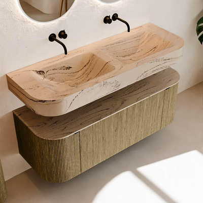 MONDIAZ THOR-DLUX 130cm meuble de salle de bains arrondi gauche + droite couleur Dusk avec 1 tiroir et 2 portes. Vasque suspendue CLOUD Double sans trou de robinet couleur Arena.