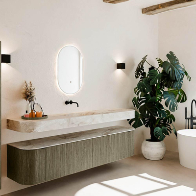 MONDIAZ THOR-DLUX 200cm meuble de salle de bains arrondi gauche + droite couleur Shadow avec 2 tiroirs et 2 portes. Vasque suspendue CLOUD Milieu sans trou de robinet couleur Frappe.