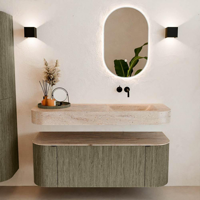 MONDIAZ THOR-DLUX Meuble de salle de bains 130cm arrondi gauche + droite couleur Shadow avec 1 tiroir et 2 portes. Vasque suspendue CLOUD Droite sans trou de robinet couleur Saba.