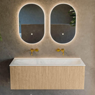 MONDIAZ KURVE-DLUX Meuble de salle de bains 120 cm couleur Oak avec 1 tiroir. Lavabo BIG LARGE central sans trou de robinet couleur Opalo.