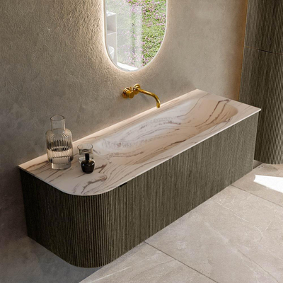 MONDIAZ KURVE-DLUX Meuble de salle de bains 135cm arrondi à gauche couleur Shadow avec 1 tiroir et 1 porte. Lavabo BIG MEDIUM à droite sans trou de robinet Nata.