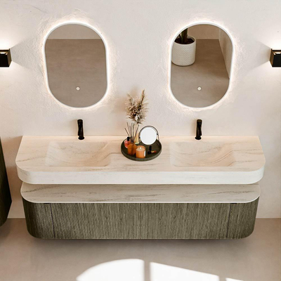 MONDIAZ THOR-DLUX 190cm meuble de salle de bains arrondi gauche + droite couleur Shadow avec 2 tiroirs et 2 portes. Vasque suspendue CLOUD Double 2 trous de robinet couleur Meli.