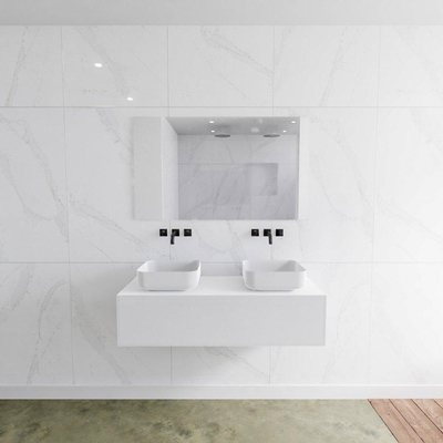 Mondiaz Lagom Meuble salle de bains 120x30.9x45cm Solid Surface Talc 1 tiroir avec lavabo BINX vasque à poser double Gauche et droite sans trous de robinet