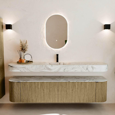 MONDIAZ THOR-DLUX Meuble de salle de bains - 190cm - arrondi gauche + droite - couleur Dusk - 2 tiroirs et 2 portes - Vasque suspendue CLOUD Milieu 1 trou de robinet - couleur Glace