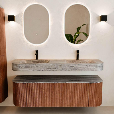 MONDIAZ THOR-DLUX 150cm meuble de salle de bains arrondi gauche + droite couleur Ruby avec 1 tiroir et 2 portes. Vasque suspendue CLOUD Double 2 trous de robinet couleur Oza.