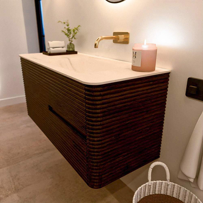 Mondiaz CIRO-DLUX Badkamermeubelset - 110x45x50cm - Solid surface wastafel Meli - 1 wasbak Rechts - zonder kraangaten - 2 lades - Walnut