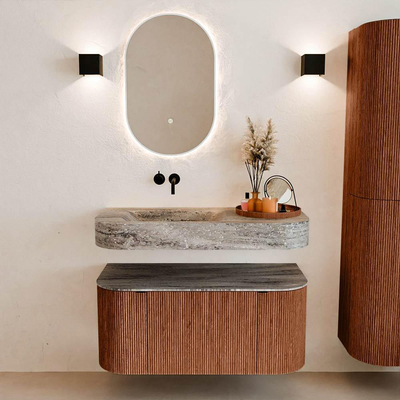 MONDIAZ THOR-DLUX 100cm meuble de salle de bains arrondi gauche + droite couleur Ruby avec 1 tiroir et 2 portes. Vasque suspendue CLOUD Gauche sans trou de robinet couleur Oza.