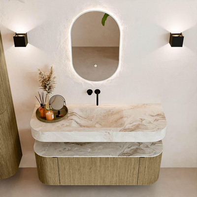 MONDIAZ THOR-DLUX 130cm meuble de salle de bains arrondi gauche + droite couleur Dusk avec 1 tiroir et 2 portes. Vasque suspendue CLOUD Centre sans trou de robinet couleur Frappe.