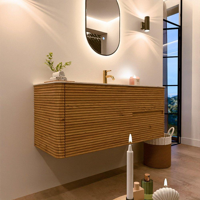 Mondiaz CIRO-DLUX Meuble de salle de bains - 120x45x50cm - Vasque solid surface Ostra - 1 lavabo à droite - 1 trou de robinet - 2 tiroirs - Chêne