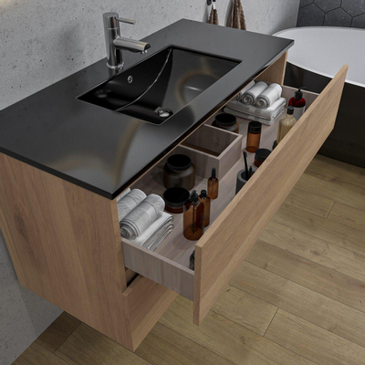 Adema Chaci Ensemble de meuble - 100x46x57cm - 1 vasque en céramique noire - 1 trou de robinet - 2 tiroirs - armoire de toilette - cannelle