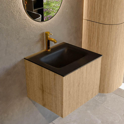 MONDIAZ KURVE 50cm Meuble salle de bain - couleur Oak - 1 tiroir - vasque GRUNNE centre - 1 trou de robinet - Urban