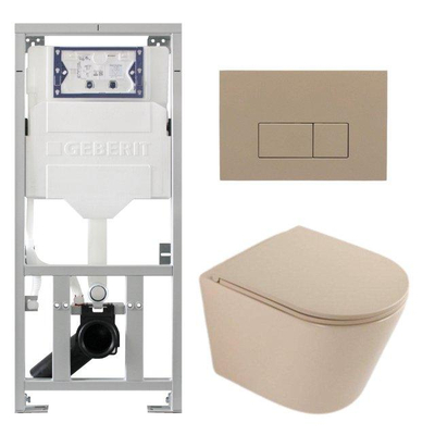 QeramiQ Dely Toiletset - 36.3x51.7cm - diepspoel - rimless - Geberit UP320 inbouwreservoir - softclose toilet zitting - bedieningsplaat taupe - rechthoekige knoppen - mat beige