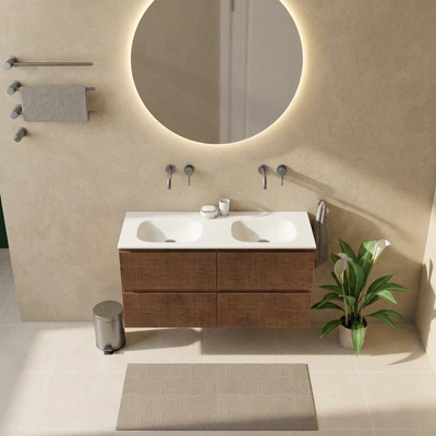 Saniclass Holz Atelier Ensemble meuble de salle de bains - 120x45x61.5cm - lavabo Flow en solid surface blanc - 2 vasques - sans trous de robinetterie - 2 tiroirs - noyer pure mat (bois)