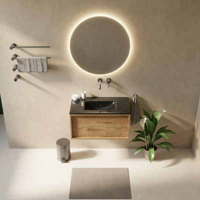Saniclass Holz Frame Ensemble meuble de salle de bains - 80x45x42cm - lavabo Vygo en céramique noir - 1 vasque - sans trou de robinetterie - 1 tiroir - chêne natural mat (bois)