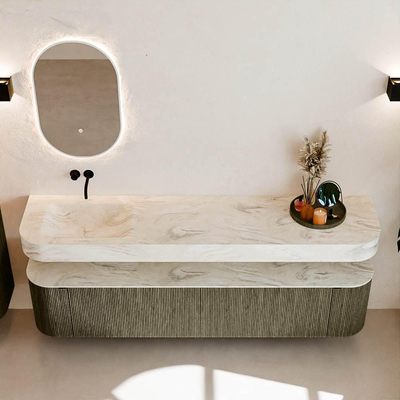 MONDIAZ THOR-DLUX Meuble de salle de bains - 200cm - arrondi gauche + droite - couleur Shadow - 2 tiroirs - 2 portes - Vasque suspendue CLOUD Gauche sans trou de robinet - couleur Ostra