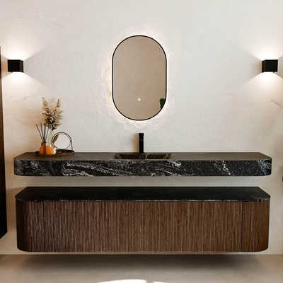 MONDIAZ THOR-DLUX 200cm meuble de salle de bains arrondi gauche + droite couleur Walnut avec 2 tiroirs et 2 portes. Vasque suspendue CLOUD Milieu 1 trou de robinet couleur Lava.