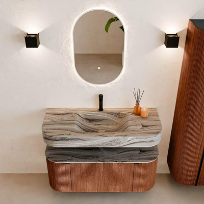 MONDIAZ THOR-DLUX Meuble de salle de bains 110cm arrondi gauche + droite couleur Ruby avec 1 tiroir et 2 portes. Vasque suspendue CLOUD Milieu 1 trou de robinet couleur Sombra.