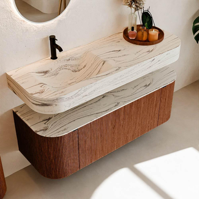 MONDIAZ THOR-DLUX 130cm meuble de salle de bains arrondi gauche + droite couleur Ruby avec 1 tiroir et 2 portes. Vasque suspendue CLOUD gauche 1 trou de robinet couleur Nata.