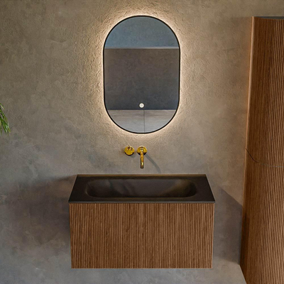 MONDIAZ KURVE 80cm Meuble salle de bain - couleur Walnut - 1 tiroir - vasque BIG SMALL centre - sans trous de robinet - Urban