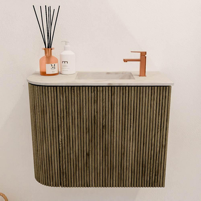 Mondiaz JOYA-DLUX 51.6cm toiletmeubel - ronding links kleur Dusk - Wastafel FAYE positie Rechts 1 kraangat kleur Frappe.