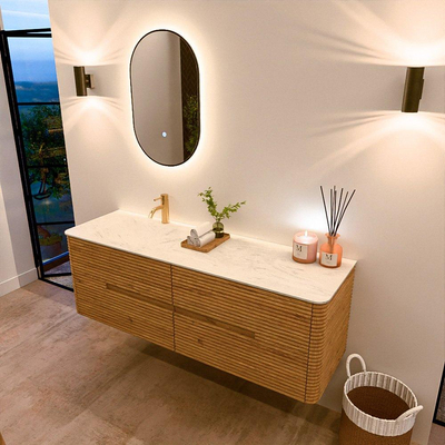 Mondiaz CIRO-DLUX Meuble de salle de bains - 150x45x50cm - Vasque solid surface Opalo - 1 lavabo à gauche - 1 trou de robinet - 4 tiroirs - Chêne