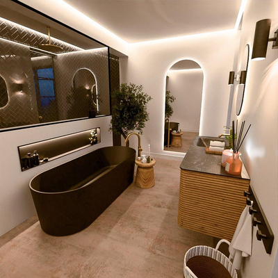 Mondiaz CIRO-DLUX Ensemble de meubles de salle de bains - 130x45x50cm - vasque solid surface Lava - 1 lavabo à gauche - 1 trou de robinet - 4 tiroirs - Chêne