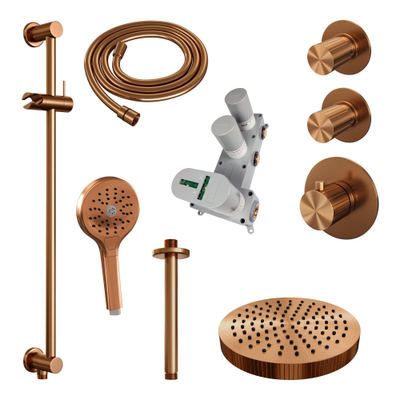 BRAUER Stripe Thermostatische Inbouw Regendouche - SET 12 - 25cm douchekop - plafondarm - 3-standen handdouche - doucheslang - geïntegreerde glijstang - koper geborsteld PVD