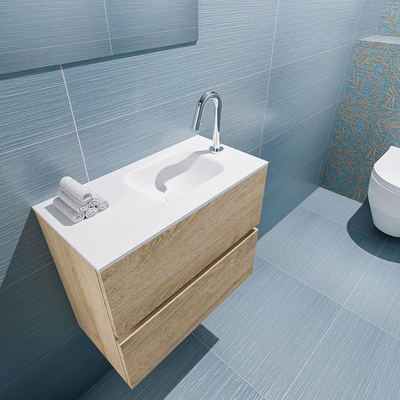 MONDIAZ ADA Toiletmeubel - 60x30x50cm - 1 kraangat - 2 lades - washed oak mat - wasbak rechts - Solid surface - Wit