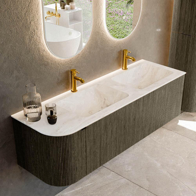 Mondiaz KURVE-DLUX Badkamermeubelset - 145x46x40cm - 1 lade - 1 deur - wastafel solid surface - dubbel / rechts - 2 kraangaten - Shadow