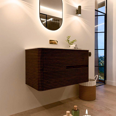 Mondiaz CIRO-DLUX Badkamermeubelset - 90x45x50cm - Solid surface wastafel Meli - 1 wasbak Midden - zonder kraangaten - 2 lades - Walnut