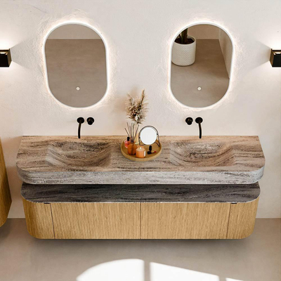 MONDIAZ THOR-DLUX 190cm badmeubel ronding links + rechts kleur Oak met 2 lades en 2 deuren. Vrijhangende wastafel CLOUD Dubbel zonder kraangat kleur Oza.