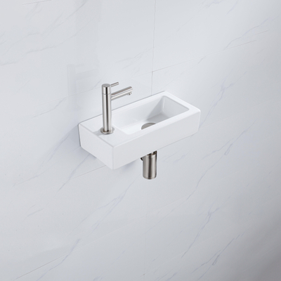 QeramiQ Fuente pack lave-mains – 37,5 x 18,5 x 9 cm – céramique blanc brillant – perçage à gauche – robinet inox brossé