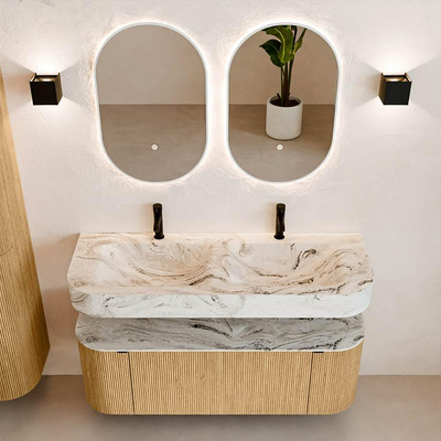 MONDIAZ THOR-DLUX 130cm badmeubel ronding links + rechts kleur Oak met 1 lade en 2 deuren. Vrijhangende wastafel CLOUD Dubbel 2 kraangaten kleur Glace.