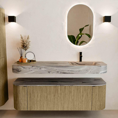 MONDIAZ THOR-DLUX 150cm meuble de salle de bains arrondi gauche + droite couleur Dusk avec 1 tiroir et 2 portes. Vasque suspendue CLOUD Droite 1 trou de robinet couleur Sombra.