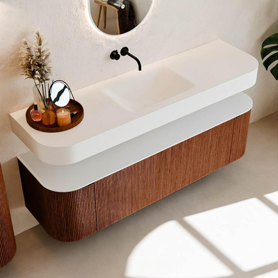 MONDIAZ THOR 160cm meuble de salle de bains arrondi gauche + droite couleur Ruby avec 1 tiroir et 2 portes. Vasque suspendue CLOUD Milieu sans trou de robinet couleur Talc.