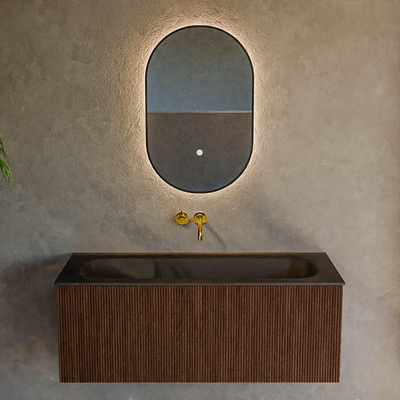 MONDIAZ KURVE 110cm badmeubel kleur Walnut met 1 lade. Wastafel BIG MEDIUM midden zonder kraangat Urban.