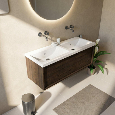 Saniclass Holz Frame Ensemble meuble de salle de bains - 120x45x43.5cm - Bari lavabo en céramique blanc - 2 vasques - sans trous de robinetterie - 1 tiroir - chêne charcoal mat (bois)