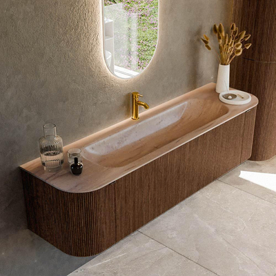 MONDIAZ KURVE-DLUX 170cm badmeubel ronding Links + Rechts kleur Walnut met 1 lade en 2 deuren. Wastafel BIG LARGE Midden 1 kraangat Saba.