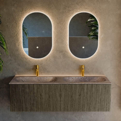 MONDIAZ KURVE-DLUX Meuble de salle de bains 140cm couleur Shadow avec 2 tiroirs et 0 porte. Lavabo STOR SMALL Double 2 trous de robinet Oza.