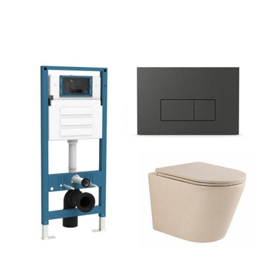 QeramiQ Dely Ensemble de toilettes - réservoir encastré Qeramiq Flush - abattant slim - plaque de commande en plastique anthracite mat - boutons rectangulaires - beige
