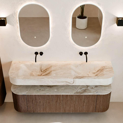 MONDIAZ THOR-DLUX 160cm badmeubel ronding links + rechts kleur Walnut met 1 lade en 2 deuren. Vrijhangende wastafel CLOUD Dubbel zonder kraangat kleur Frappe.