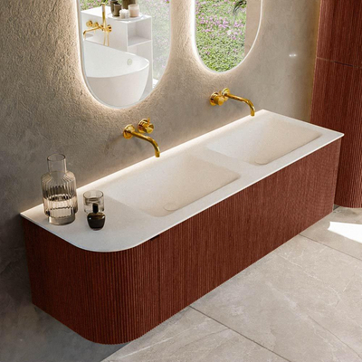 Mondiaz KURVE Badkamermeubelset - 145x46x40cm - 1 lade - 1 deur - wastafel solid surface - dubbel / rechts - zonder kraangat - Ruby