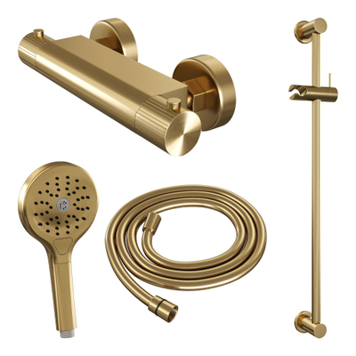 BRAUER Stripe Opbouw Douche Thermostaatkraan - SET 02 - glijstang - 3-standen handdouche - doucheslang - goud geborsteld PVD