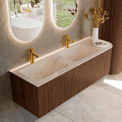 MONDIAZ KURVE-DLUX 145cm meuble de salle de bains arrondi Droite couleur Walnut avec 1 tiroir et 1 porte. Lavabo LEAF Double / Gauche 2 trous de robinet Meli.